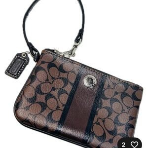 Coach Heritage Stripe Chelsea Signature Brown Black Canvas Wristlet